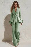 2 Piece Ivory Peak Lapel Ruched Wide Leg Business Suits with Sash