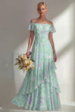 Green Floral A Line Off the Shoulder Long Boho Bridesmaid Dress with Ruffles