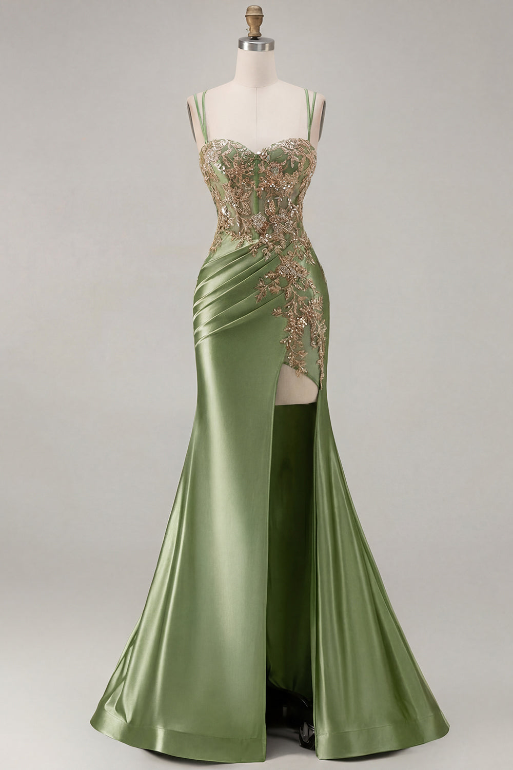 Sparkly Black Beaded Floral Satin Appliqued Long Corset Prom Dress with Slit