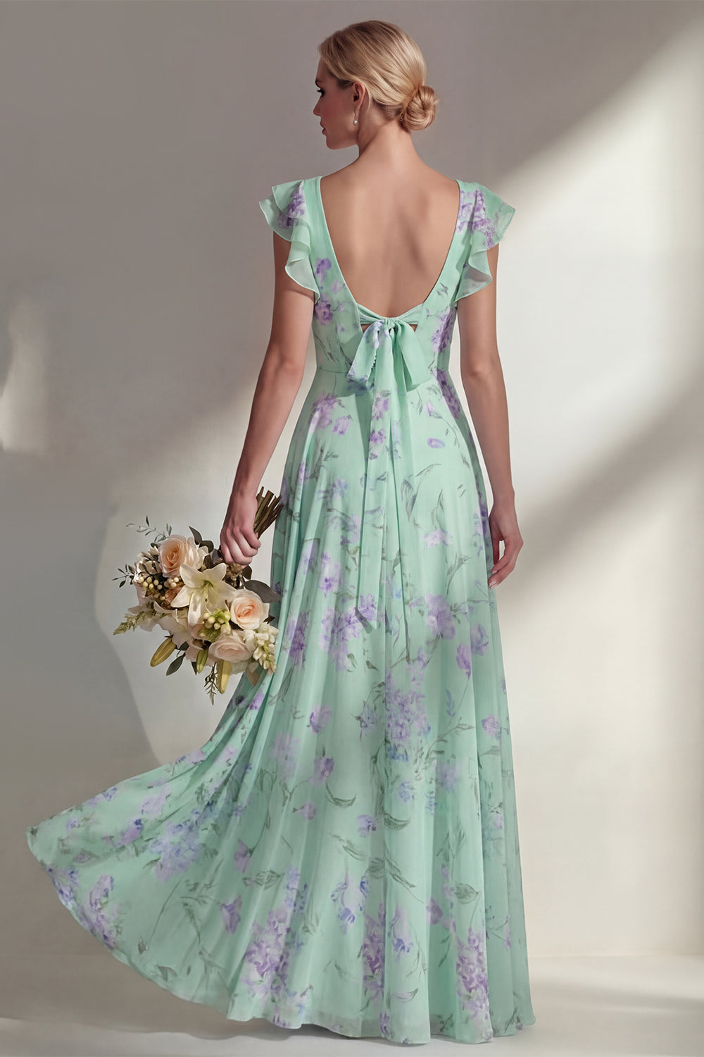 Boat Neck Blue Floral A Line Long Beach Bridesmaid Dress with Ruffles
