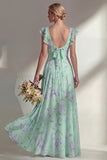 Boat Neck Blue Floral A Line Long Beach Bridesmaid Dress with Ruffles