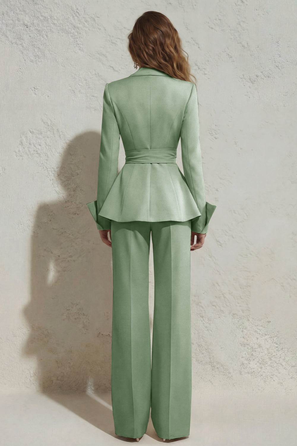 2 Piece Ivory Peak Lapel Ruched Wide Leg Business Suits with Sash