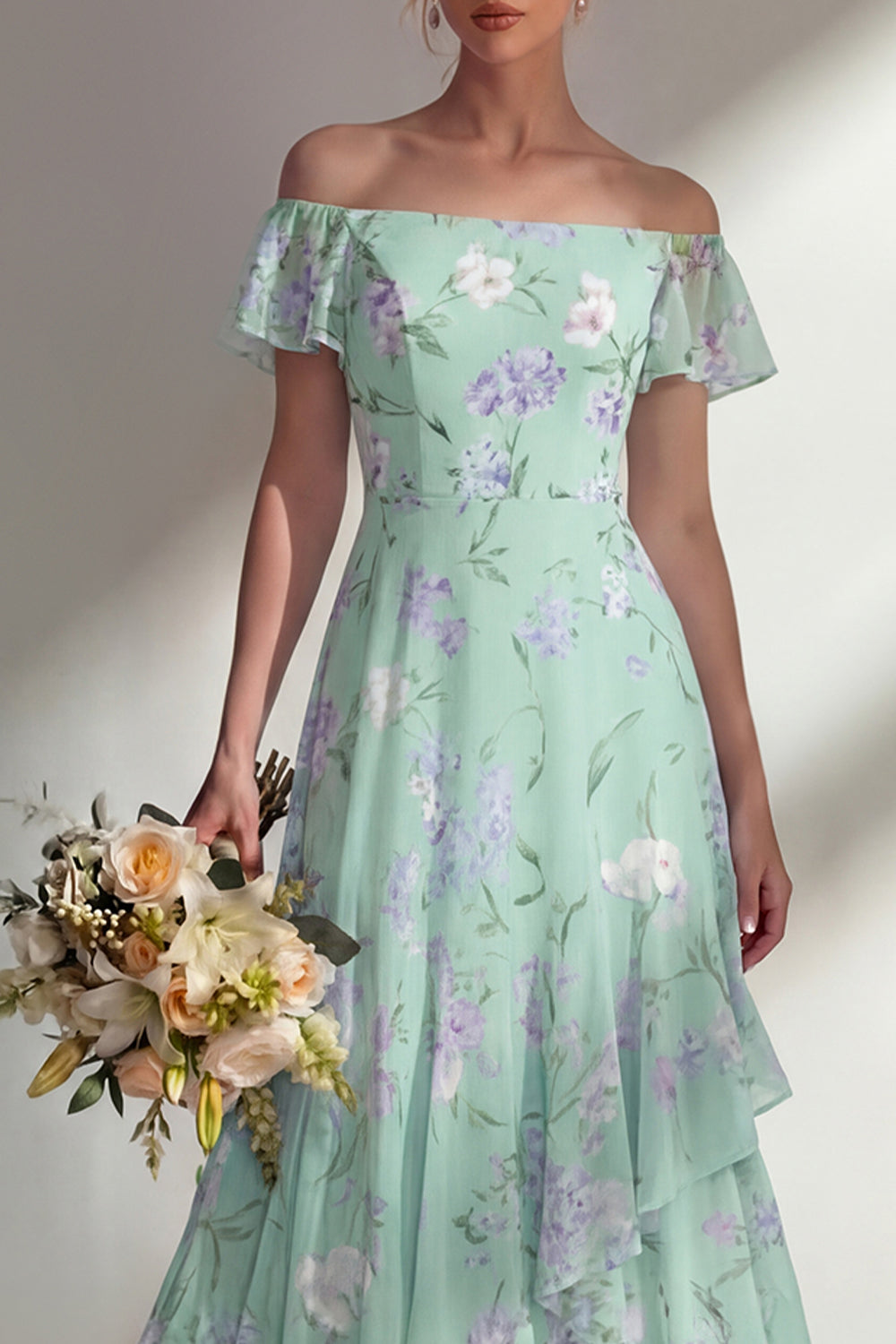 Green Floral A Line Off the Shoulder Long Boho Bridesmaid Dress with Ruffles