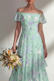 Green Floral A Line Off the Shoulder Long Boho Bridesmaid Dress with Ruffles