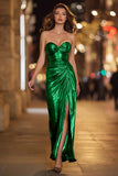 Sparkly Gold Metallic Ruched Sweetheart Long Formal Dress with Slit