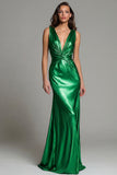 Sparkly Gold Deep V-Neck Metallic Long Formal Dress