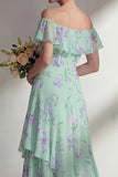 Green Floral A Line Off the Shoulder Long Boho Bridesmaid Dress with Ruffles