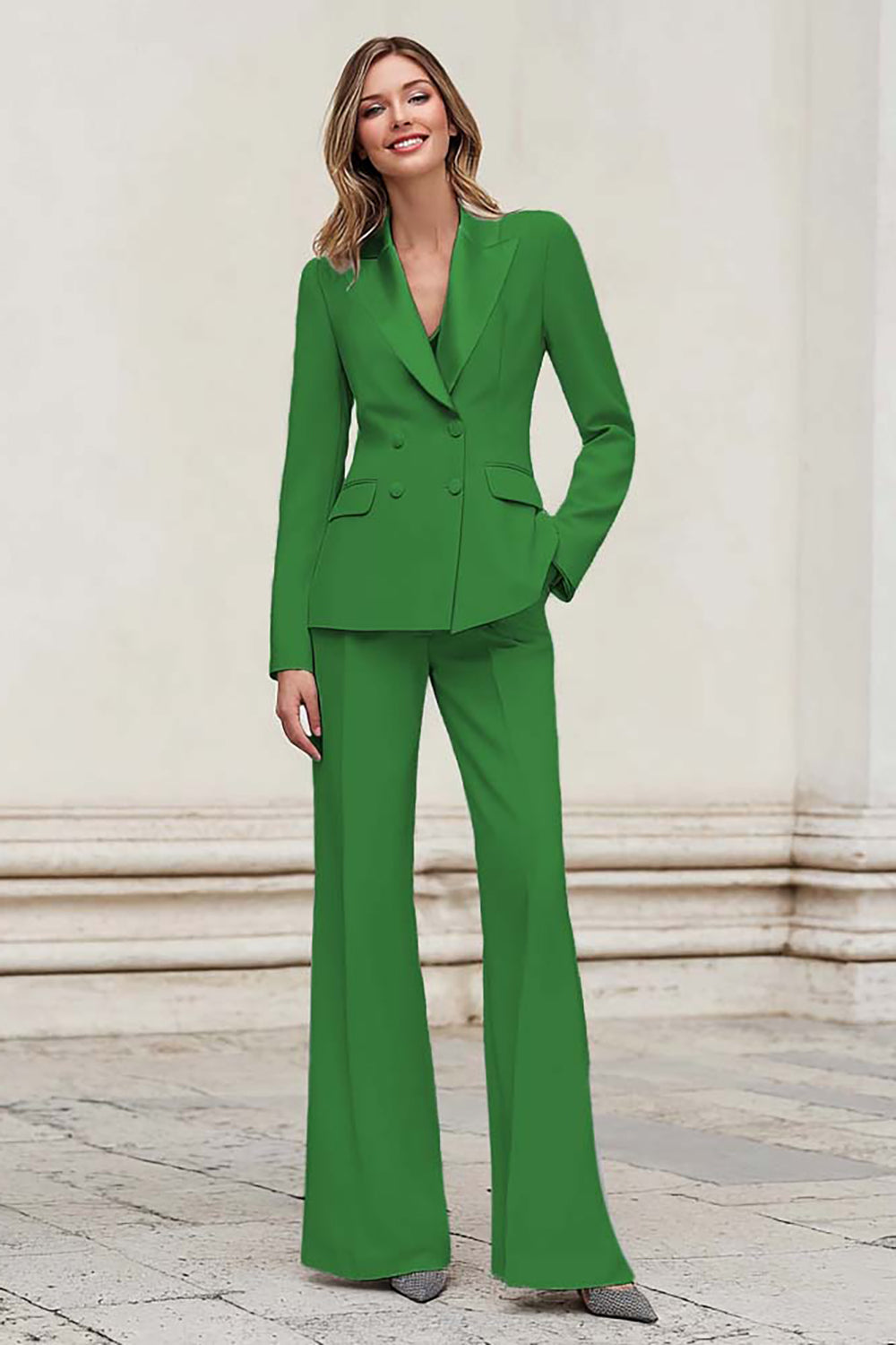 Silver Notched Lapel Double Breasted 2 Piece Women Prom Suits