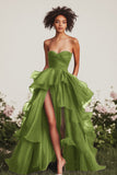 A Line Sweetheart Ruffled Navy Prom Dress with Front Slit