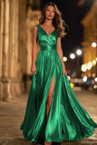 Sparkly Gold Metallic Ruched V-Neck A-Line Long Formal Dress with Slit