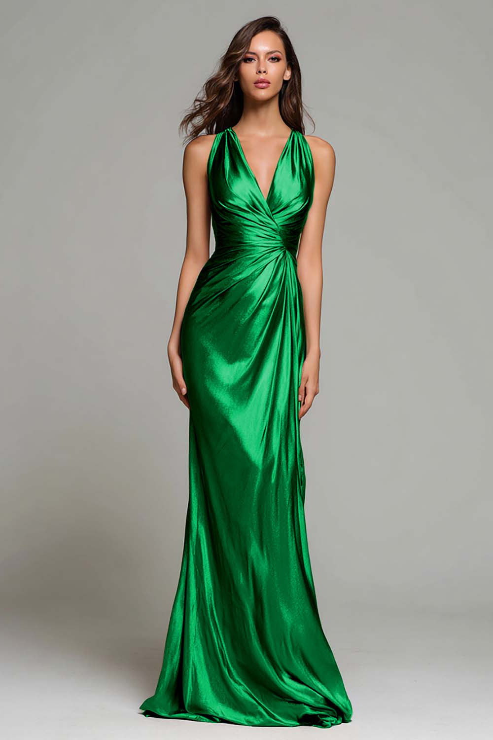 Sparkly Gold Metallic Ruched V-Neck Mermaid Long Formal Dress