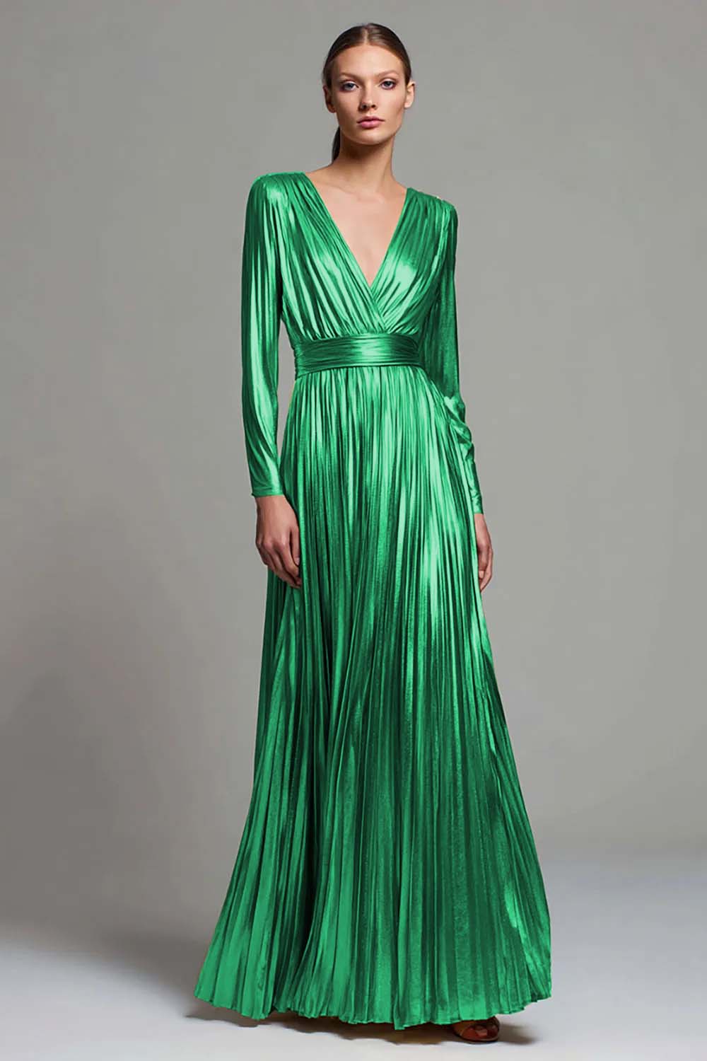 Sparkly Gold Metallic Long Formal Dress with Sleeves Pleated V-Neck A-Line Holiday Party Dress