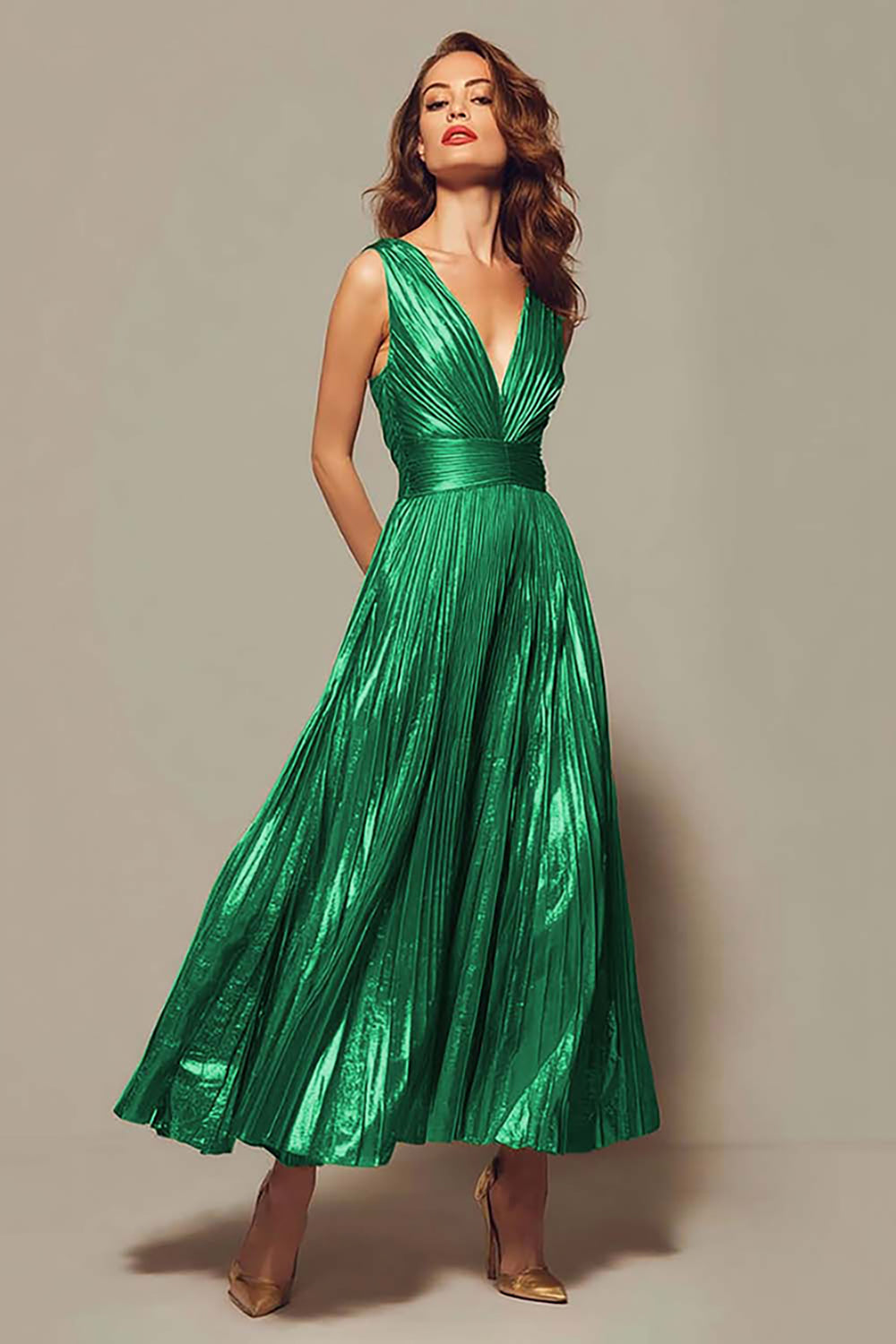 Sparkly Gold Metallic Pleated V-Neck A-Line Long Formal Dress