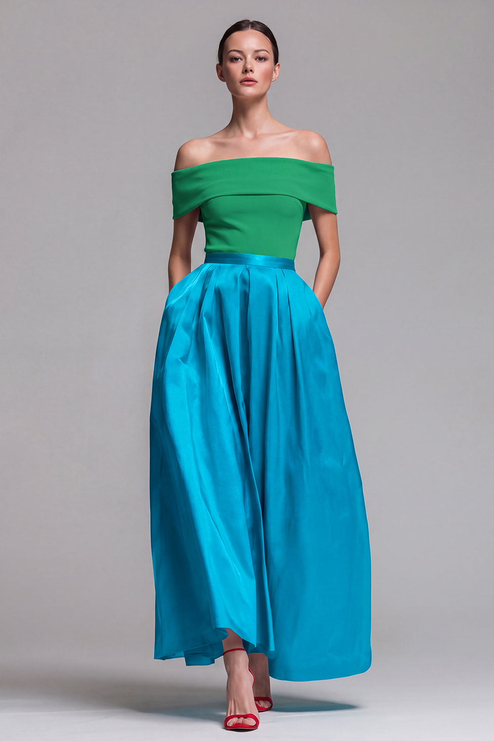 Fuchsia and Red Long A Line Off the Shoulder Patchwork Formal Dress