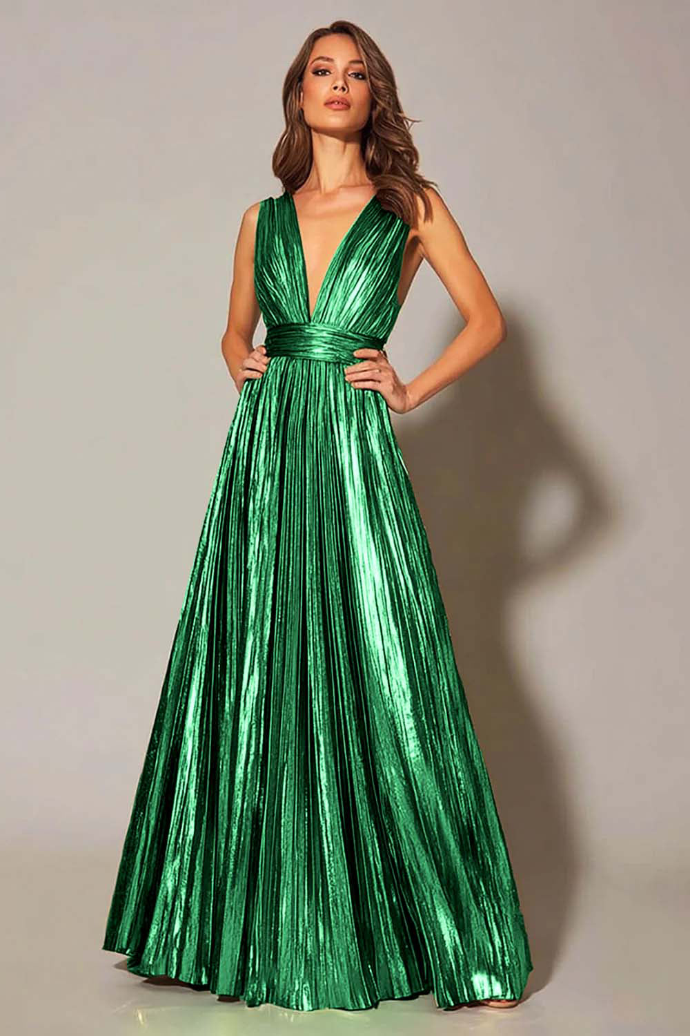 Sparkly Gold Metallic Pleated A-Line V-Neck Long Formal Dress
