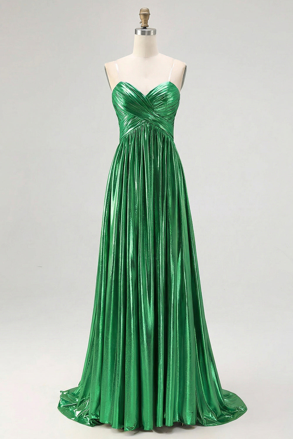 Chic Gold A Line Metallic Spaghetti Straps Pleated Long Prom Dress