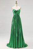 Chic Gold A Line Metallic Spaghetti Straps Pleated Long Prom Dress