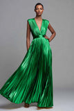 Sparkly Gold Deep V-Neck Metallic Pleated A-Line Long Formal Dress