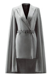 White Satin Peak Lapel Cape Short Work Blazer Dress with Belts