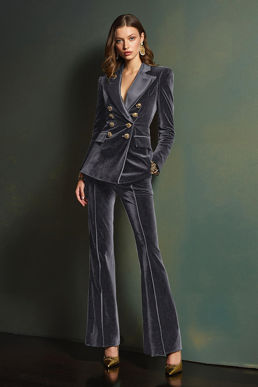 2 Piece Dark Green Velvet Double Breasted Women Prom Suits with Sleeves