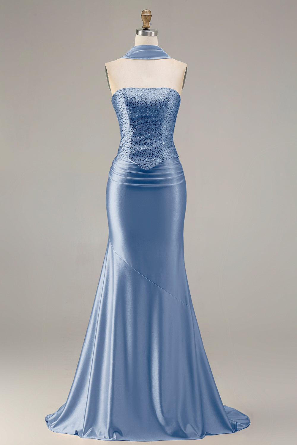 Zapaka Women Champagne Beaded Long Prom Dress Strapless Mermaid Convertible Formal Party Dress with Streamer, Champagne / UK16