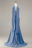 Sparkly Champagne Mermaid Neck Scarf Long Prom Dress with Beading