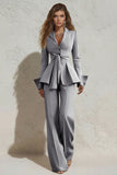 2 Piece Ivory Peak Lapel Ruched Wide Leg Business Suits with Sash