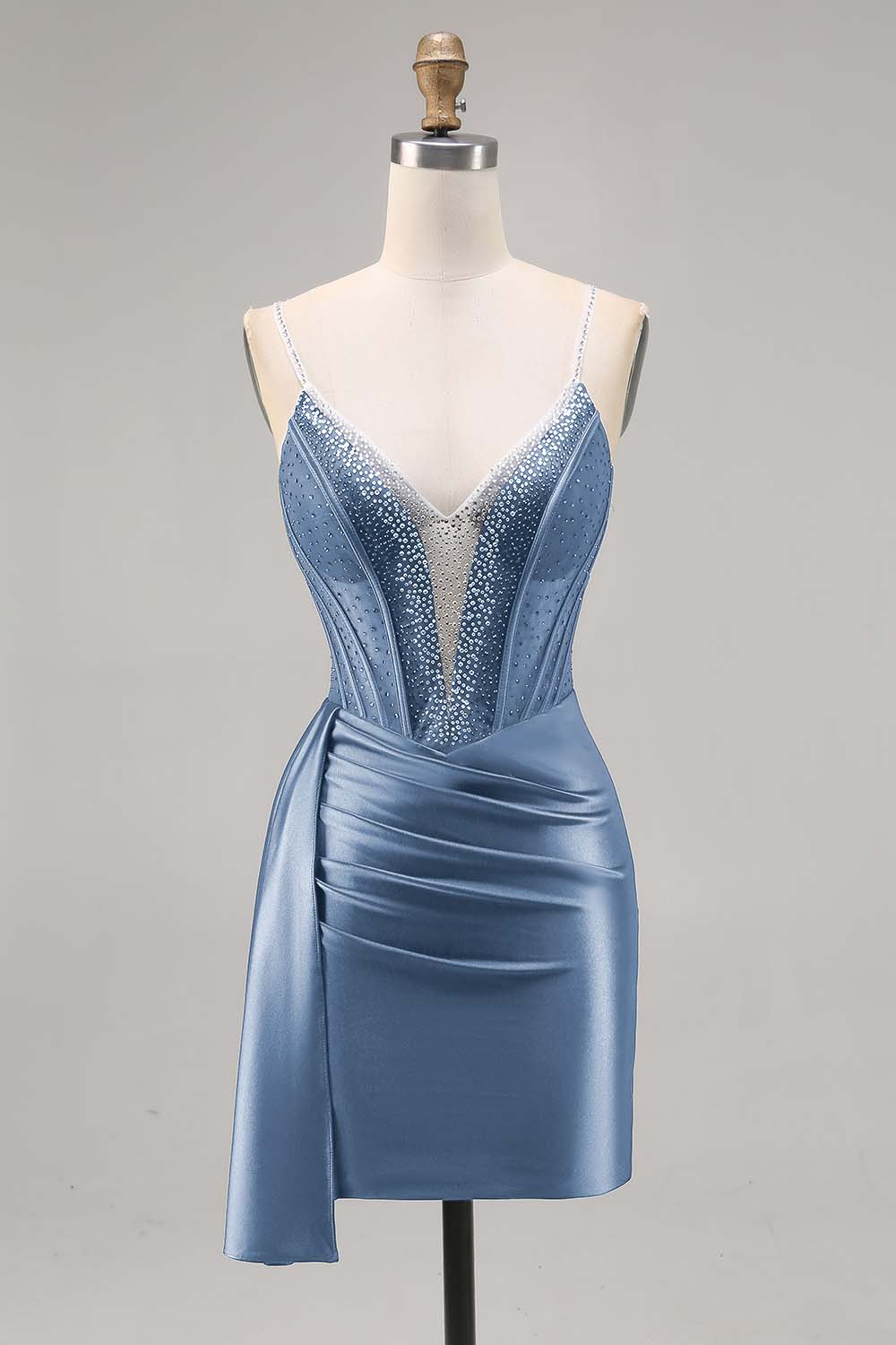 Sparkly Navy Corset Tight Satin Short Homecoming Dress with Beading
