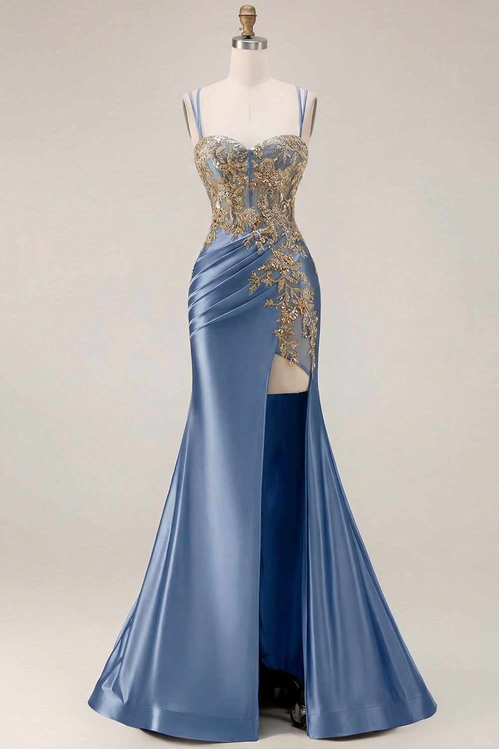Sparkly Black Beaded Floral Satin Appliqued Long Corset Prom Dress with Slit