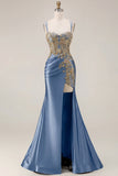 Sparkly Black Beaded Floral Satin Appliqued Long Corset Prom Dress with Slit