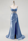 Champagne Mermaid Sheer Corset Beaded Side Streamer Long Prom Dress with Slit