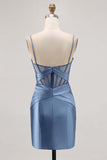 Royal Blue Satin Tight Ruched Corset Short Homecoming Dress with Slit