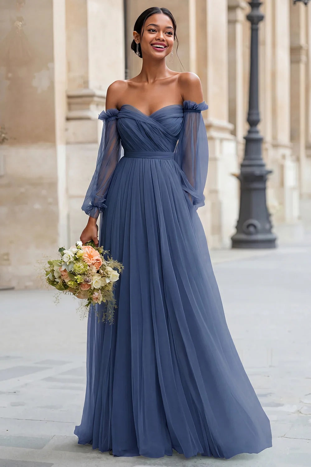 Zapaka Women Eucalyptus Long Bridesmaid Dress with Sleeves A Line Off the Shoulder Wedding Guest Dress, Eucalyptus / US8
