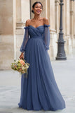 Eucalyptus Off the Shoulder Tulle A-Line Long Bridesmaid Dress with Sleeves