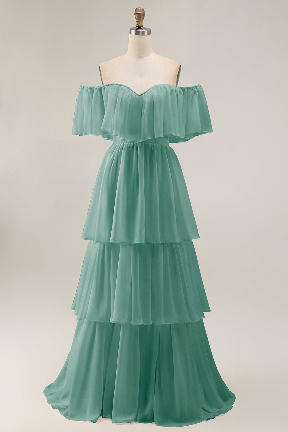 White Chiffon Tiered Off the Shoulder Boho Sweep Train Wedding Dress