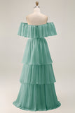 White Chiffon Tiered Off the Shoulder Boho Sweep Train Wedding Dress