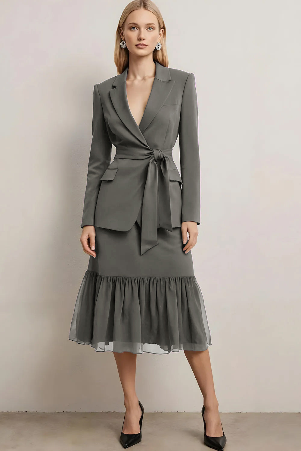 Dark Purple 2 Piece Notched Lapel Midi Business Suits with Sash