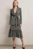 Dark Purple 2 Piece Notched Lapel Midi Business Suits with Sash