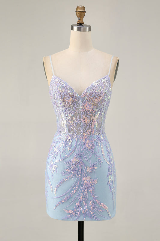 Sparkly Blue Corset Spaghetti Straps Lace Short Homecoming Dress