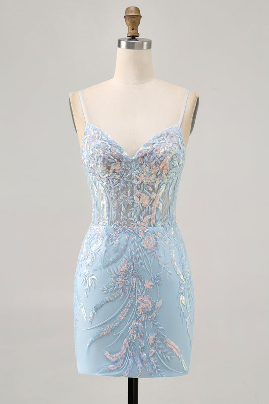 Sparkly Light Blue Tight Short Corset Lace Homecoming Dress