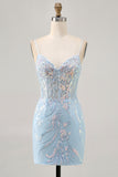 Sparkly Light Blue Tight Short Corset Lace Homecoming Dress