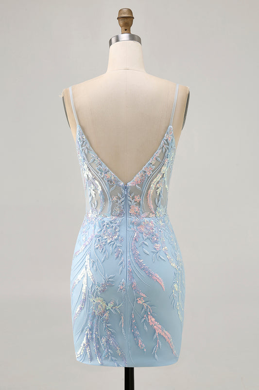 Sparkly Light Blue Tight Short Corset Lace Homecoming Dress