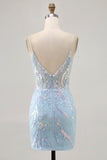 Sparkly Light Blue Tight Short Corset Lace Homecoming Dress