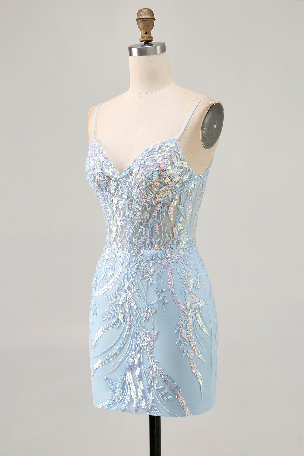 Sparkly Light Blue Tight Short Corset Lace Homecoming Dress