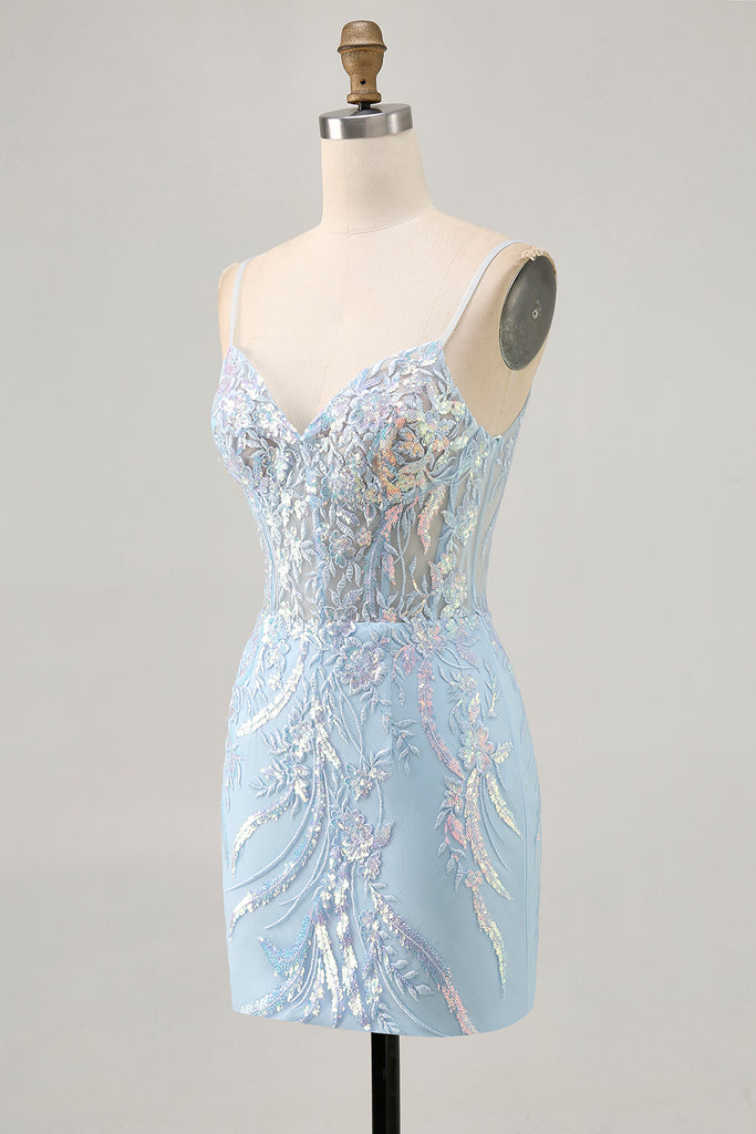 Zapakasa Women Sparkly Light Blue Tight Short Lace Corset Homecoming