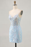 Sparkly Light Blue Tight Short Corset Lace Homecoming Dress