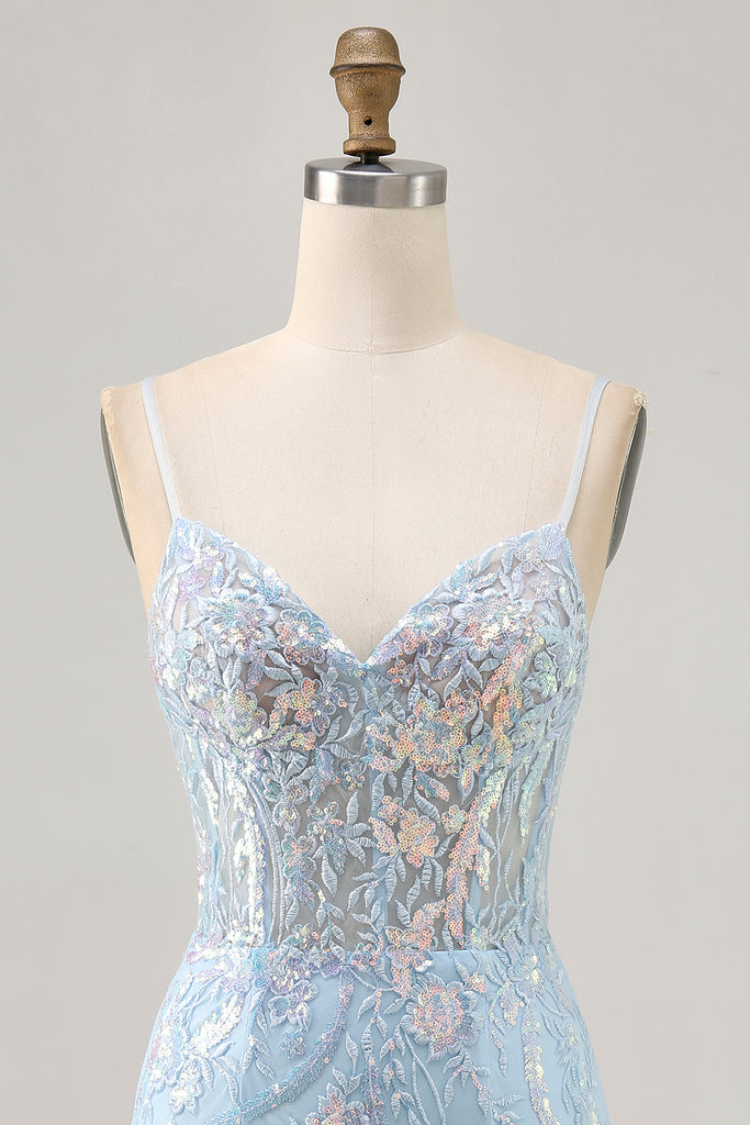 Zapakasa Women Sparkly Light Blue Tight Short Lace Corset Homecoming