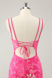 Gorgeous Hot Pink Bodycon Lace Up Glittler Short Homecoming Dress with Slit