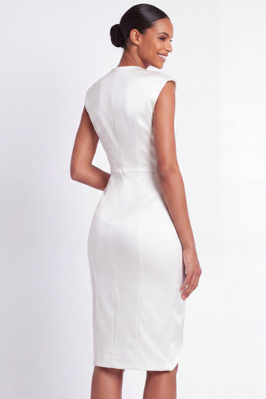 White V-Neck Pencil Midi Cap Sleeves Work Dress