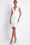 White V-Neck Pencil Midi Cap Sleeves Work Dress